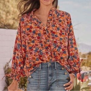 Sundance Laurel Floral Ruffle Tie Sleeve Top EUC Size L
